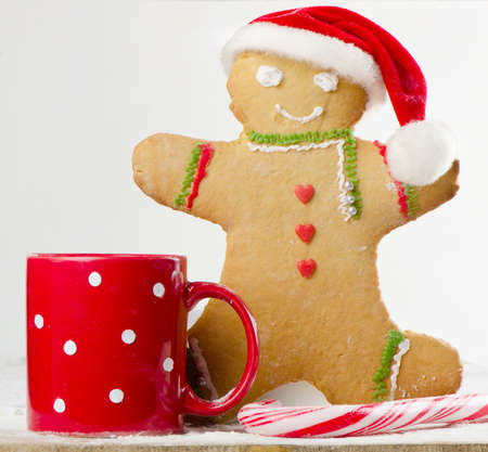 Homemade gingerbread man and tea cupの写真素材