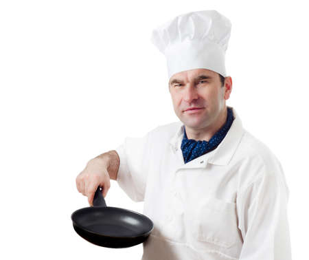 Chef  with   frying pan isolated  on whiteの写真素材