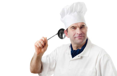 Chef  with   spoon  isolated  on whiteの写真素材