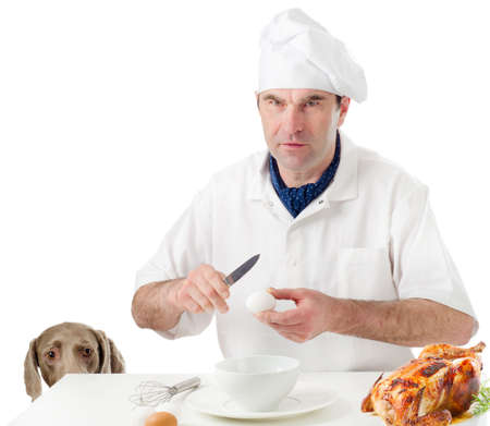 Chef  with   hungry dog  isolated  on whiteの写真素材