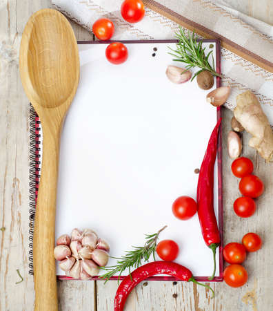 Empty book  ready for recipes on a wooden tableの写真素材