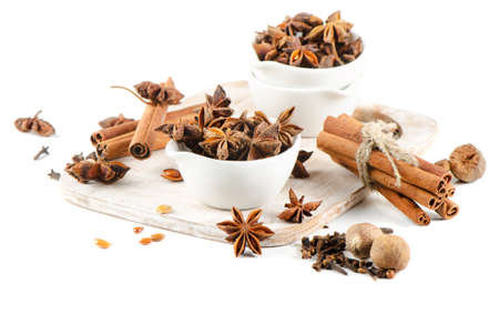 Various spices isolated on whiteの写真素材