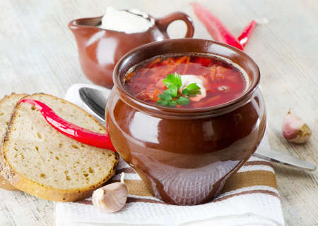 beetroot soup on a wooden tableの写真素材