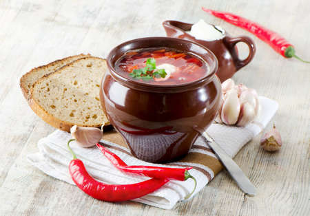 beetroot soup on a wooden tableの写真素材