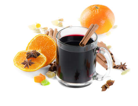mulled wine with orange  isolated on whiteの写真素材