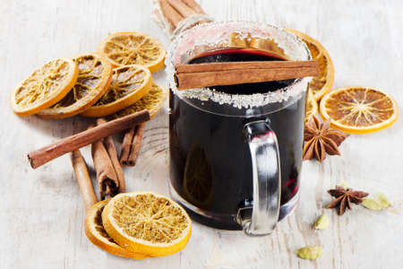 mulled wine  on  wooden tableの写真素材
