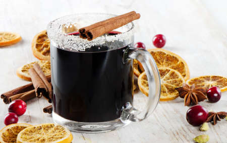 mulled wine  on a wooden tableの写真素材