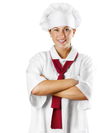 Young woman chef isolated on whiteの写真素材