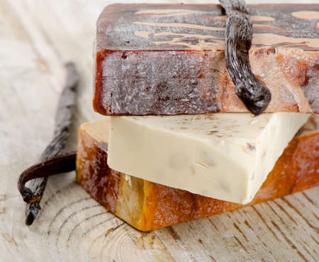 Homemade Soap on a wooden table. Selective focusの写真素材