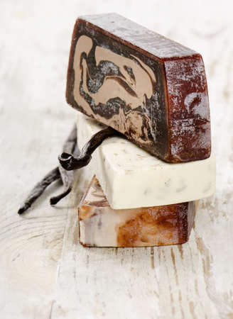 Homemade Soap   with vanilla on a wooden table. Selective focusの写真素材