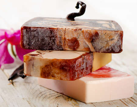 Homemade Soap   with vanilla on a wooden table. Selective focusの写真素材