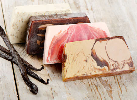Homemade Soap   with vanilla on a wooden table. Selective focusの写真素材