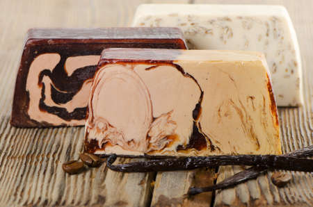 Homemade Soap   with vanilla on a wooden table. Selective focusの写真素材