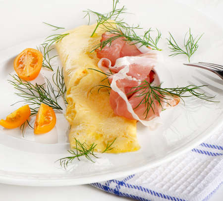 A healthy breakfast.Omelette with bacon. Selective focusの写真素材