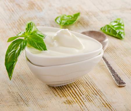 Fresh yogurt with herbs on  wooden tableの写真素材