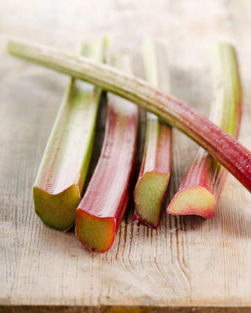 Rhubarb on a wooden table Selective focusの写真素材