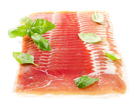 Slices of cured ham isolated on white backgroundの写真素材