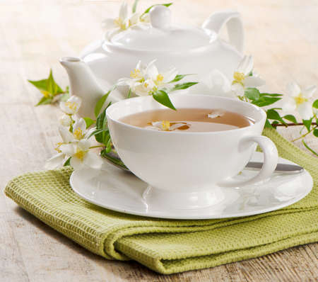 Jasmine tea on a wooden tableの写真素材