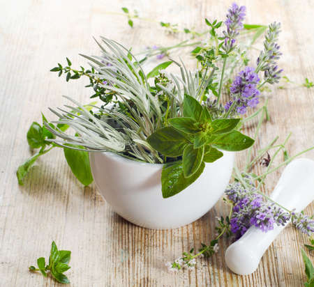 Fresh herbs on a wooden tableの写真素材