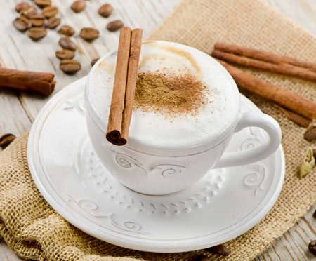 cup of coffee on a wooden tableの写真素材