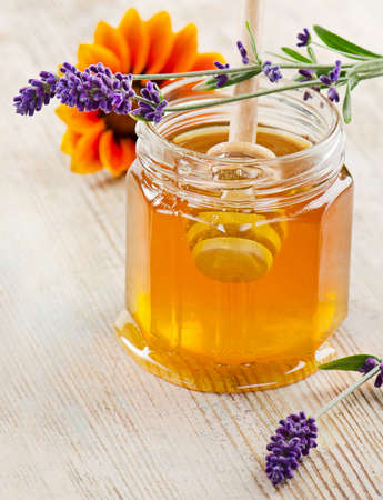 Glass jar of honey. Selective focusの写真素材