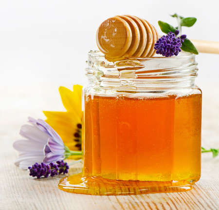 Jar of honey. Selective focusの写真素材