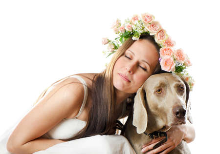 Beautiful  woman with dog isolated on white background の写真素材