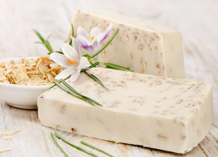 Handmade Soap with fresh orange on a wooden table.Selective focusの写真素材