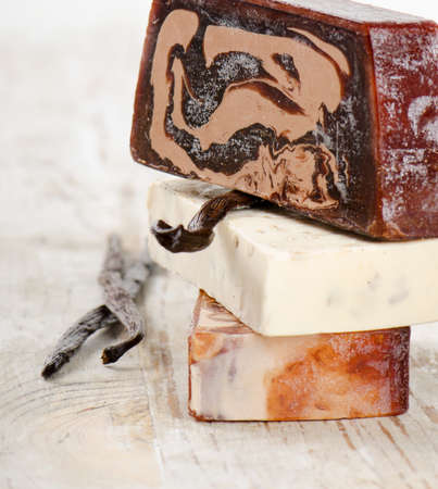 Handmade Soap with fresh orange on a wooden table.Selective focusの写真素材