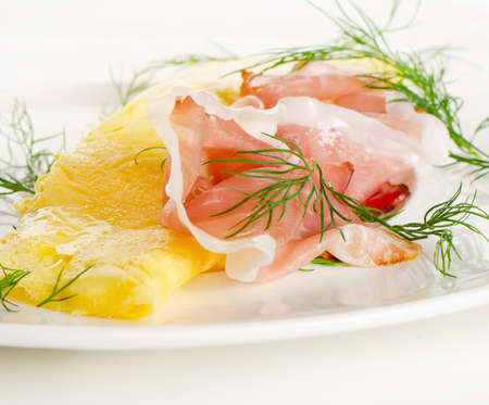 Omelet with bacon . Selective focusの写真素材