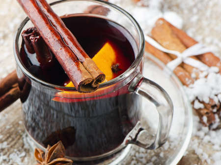 Mulled wine with spices and orange .Selective focusの写真素材