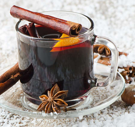 Mulled wine with spices and orange .Selective focusの写真素材