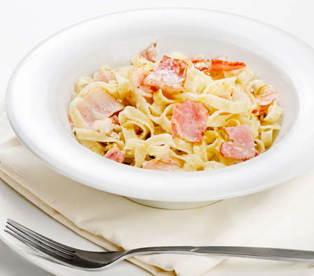 Pasta Carbonara on a white plate. Selective focusの写真素材
