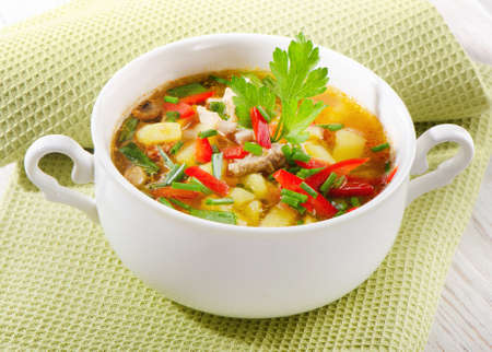 Chicken soup with vegetables with fresh herbs  Selective focusの写真素材