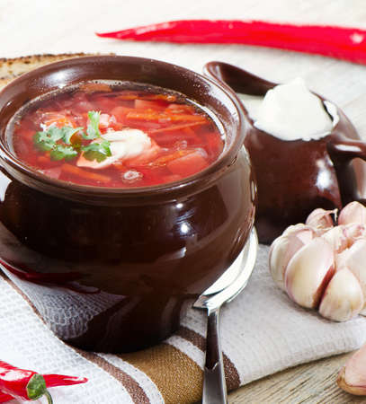 beetroot soup on a wooden tableの写真素材