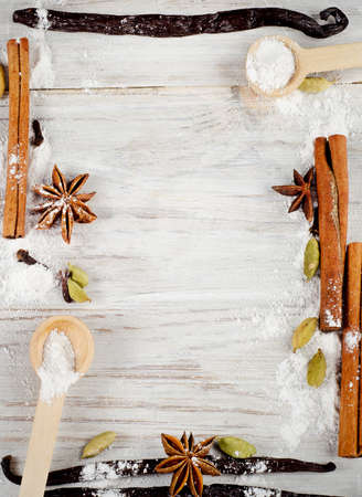 frame of  spices on a wooden backgroundの写真素材