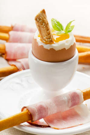 Boiled egg in eggcup .Selective focusの写真素材