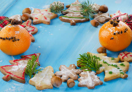 Homemade christmas cookies on wooden table. Selective focusの写真素材