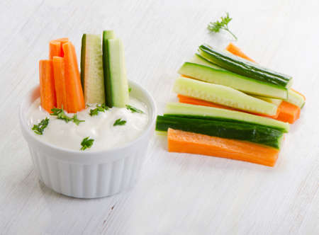 Fresh vegetables with dip. Selective focusの写真素材