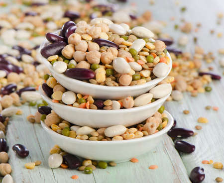 Beans on wooden tableの写真素材
