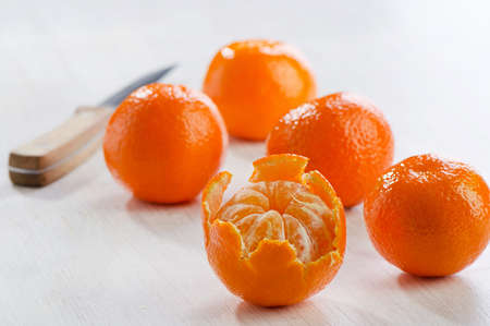 Tangerines on a wooden tableの写真素材