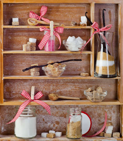 Various kinds of sugar  in  wooden trayの写真素材