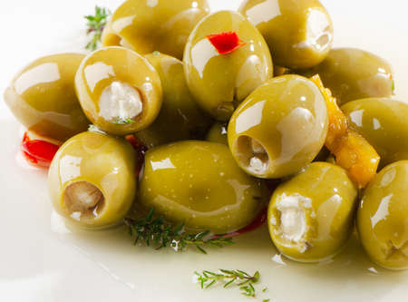 Green olives. Selective focusの写真素材
