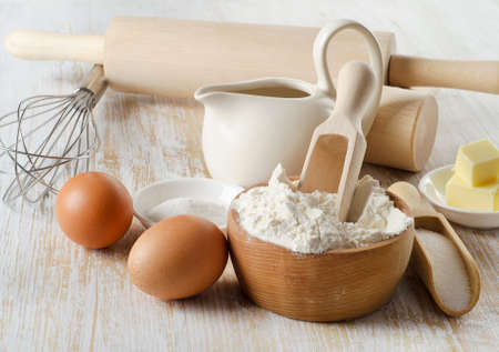 baking ingredients on a wooden table . Selective focusの写真素材