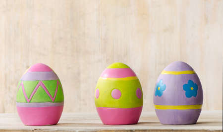 Easter eggs on a wooden table . Selective focusの写真素材