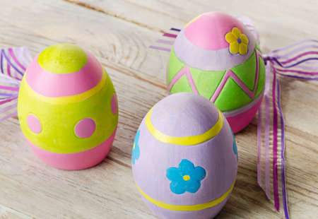 Easter eggs on a wooden table . Selective focusの写真素材