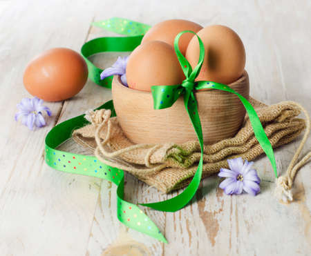 Easter eggs on a wooden table . Selective focusの写真素材