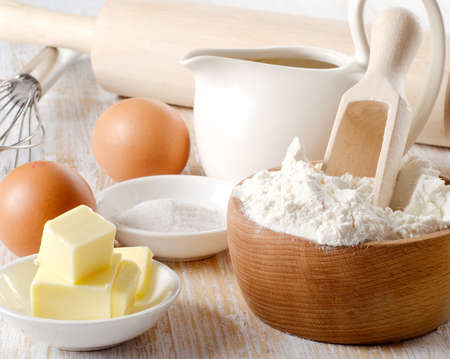 ingredients for baking on a wooden table   Selective focusの写真素材