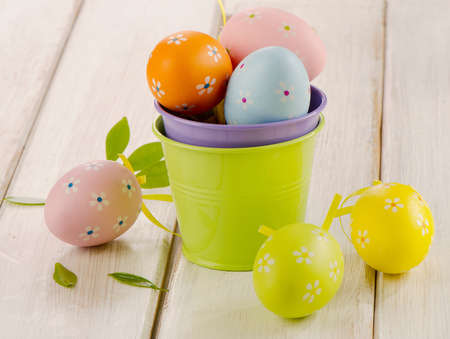 Easter eggs on a wooden table . Selective focusの写真素材