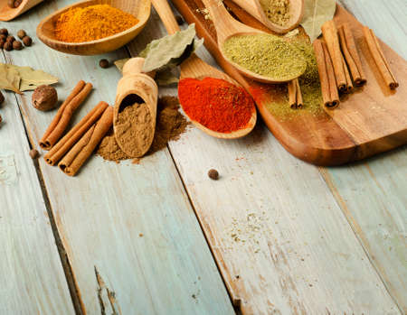 Assortment of spices on wooden table. Selective focusの写真素材